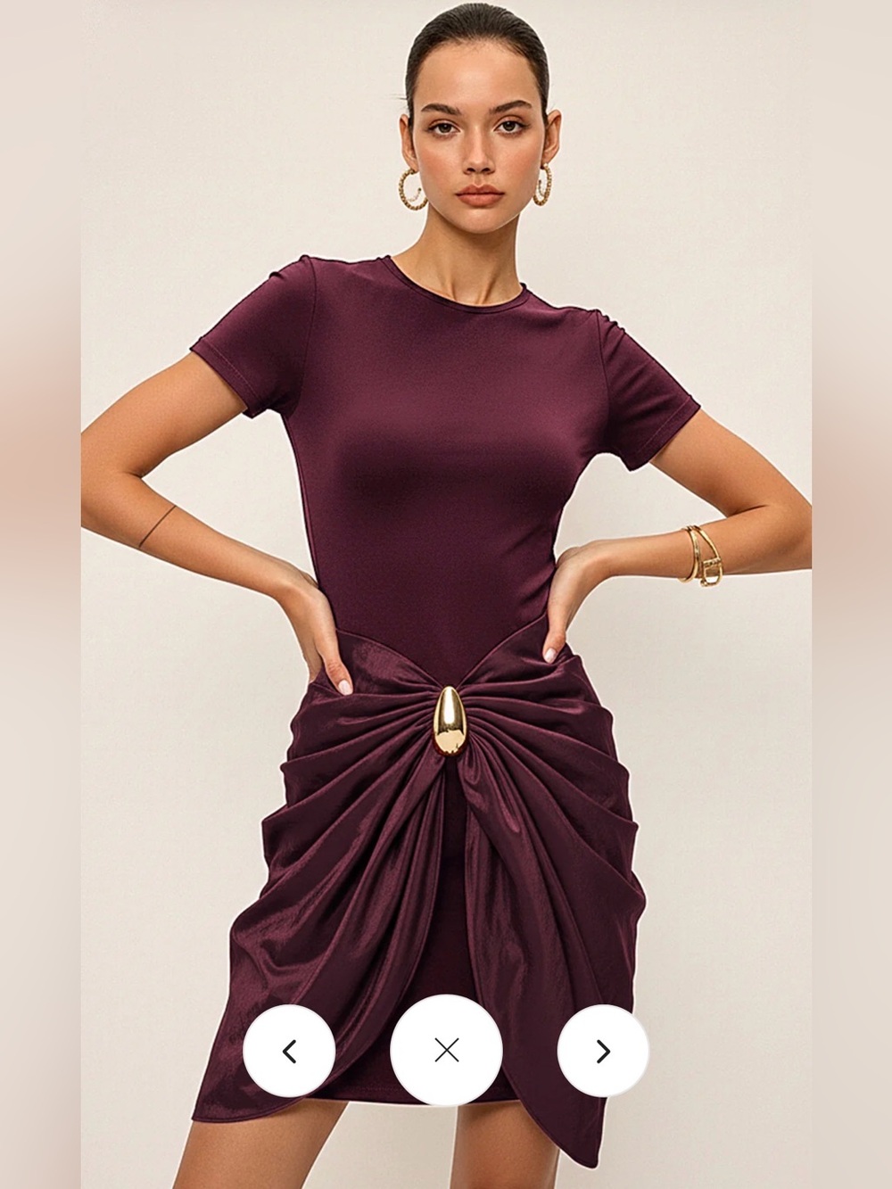 💃 NWT 92% Cotton Commense Deep Wine Satin Dress with Gold Buckle